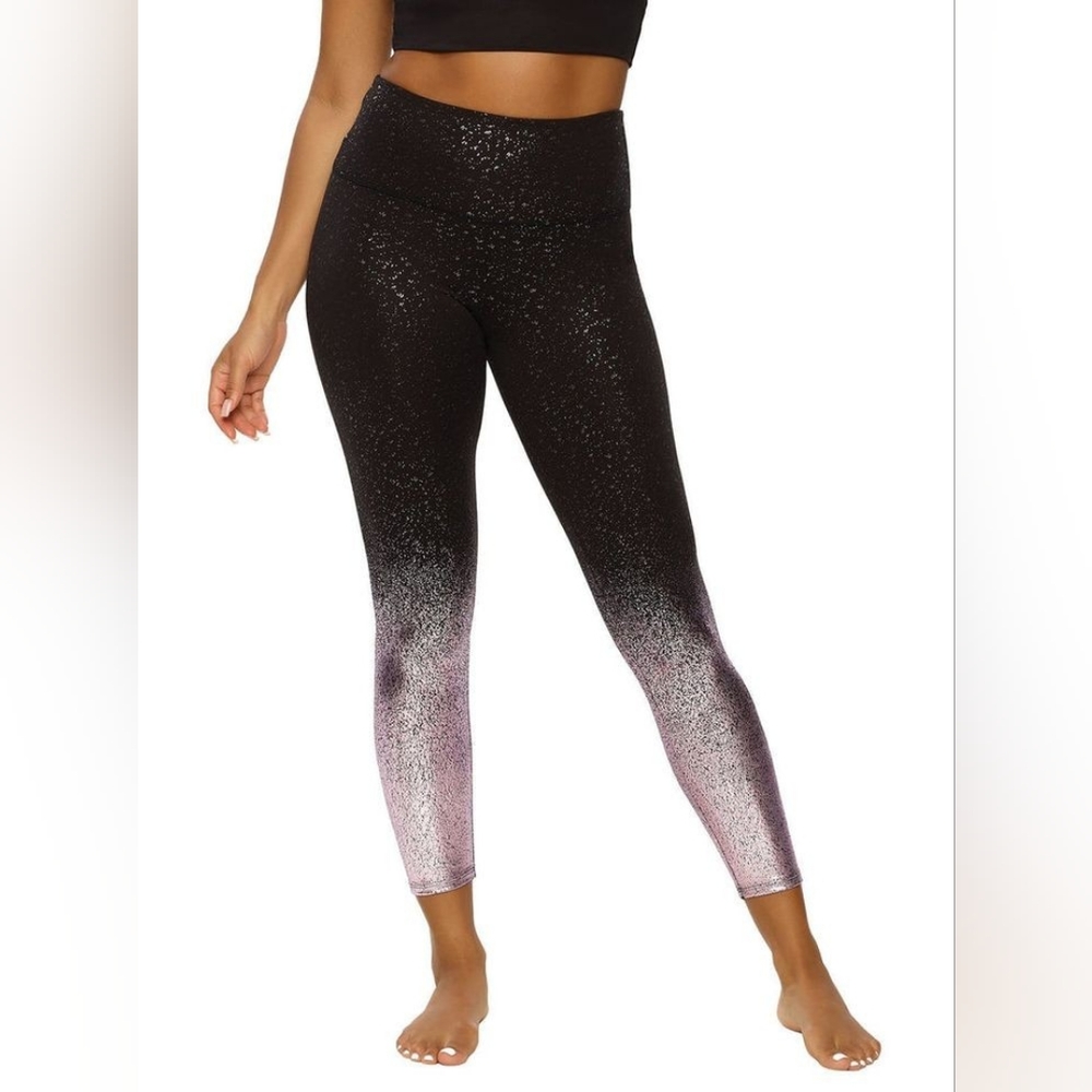 Felina Black Lavender Metallic Stardust Workout High Waisted Leggings size S